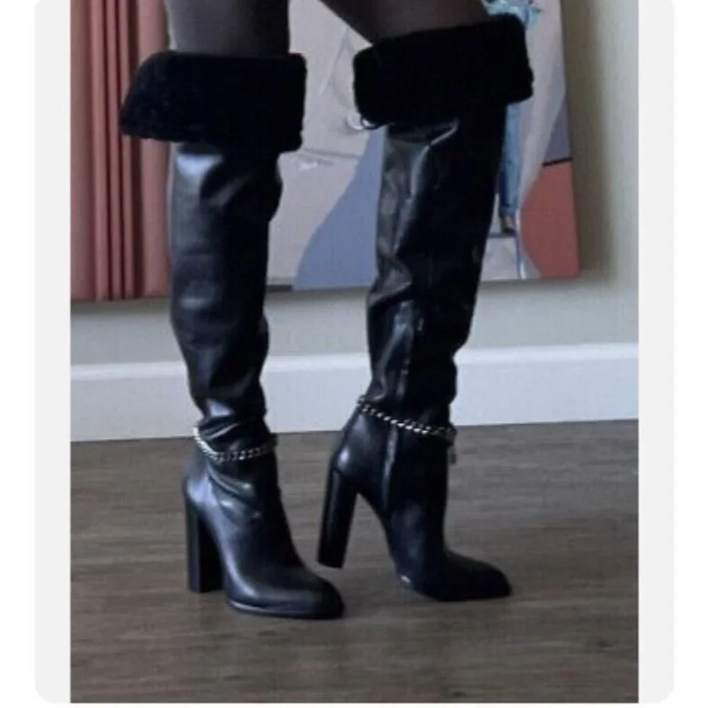 Dundas x Revolve Kate Boots Black Leather Fur Chain