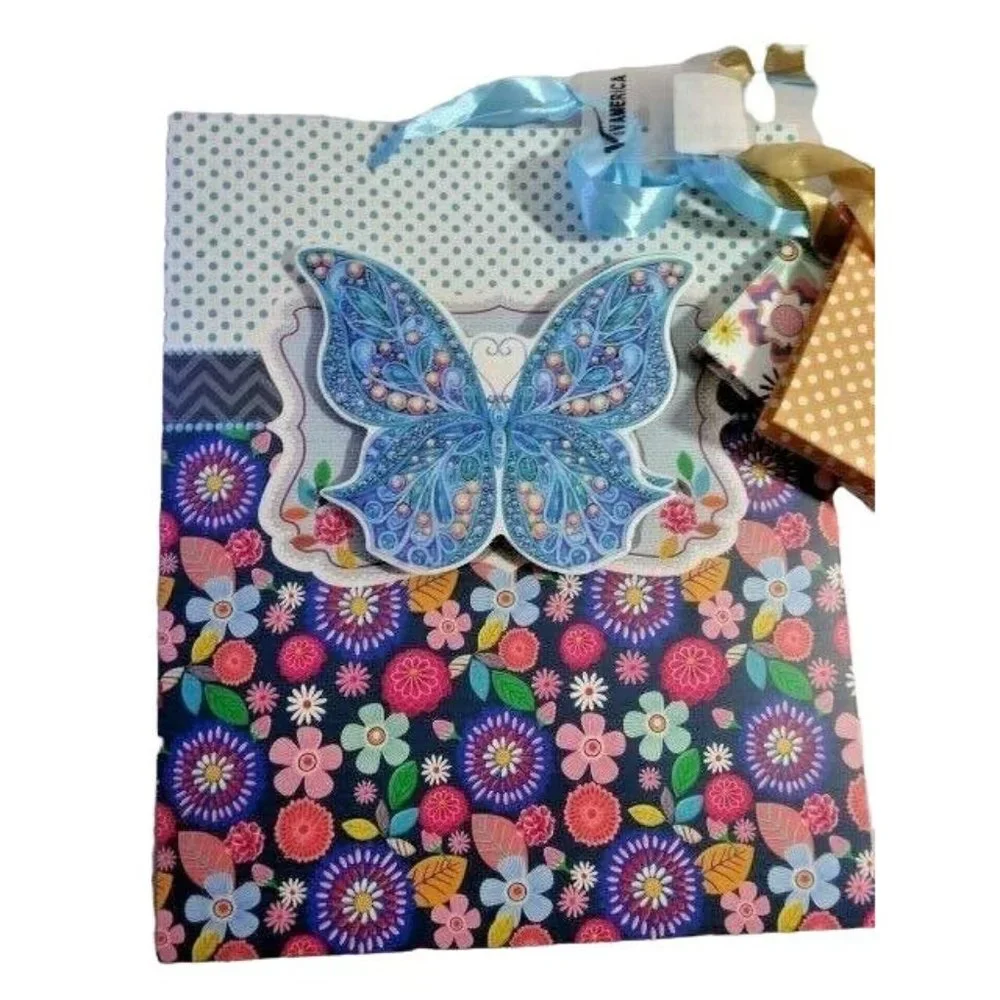 IV America Butterfly 3-pc Gift Bags 3-D Chevron Floral Dots Ribbon Handle NEW