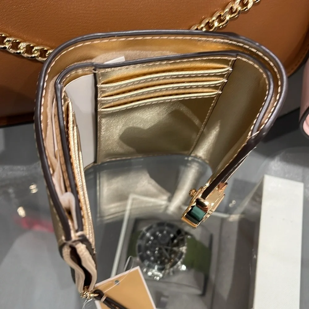 MICHAEL KORS CARMEN MEDIUM LOGO AND FAUX LEATHER WALLET PALE GOLD NWT