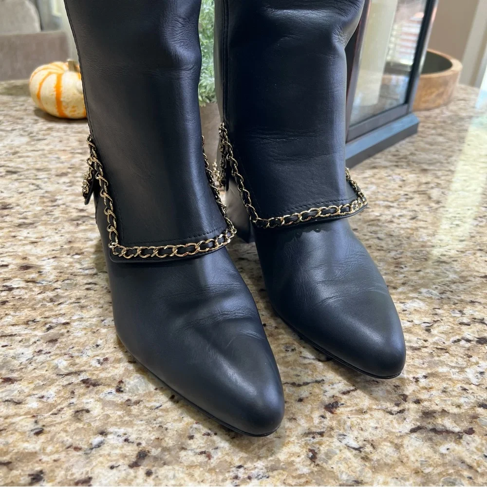 CHANEL Calfskin Knee High Chain Detail Black CC Interlocking Leather Boots 39.5