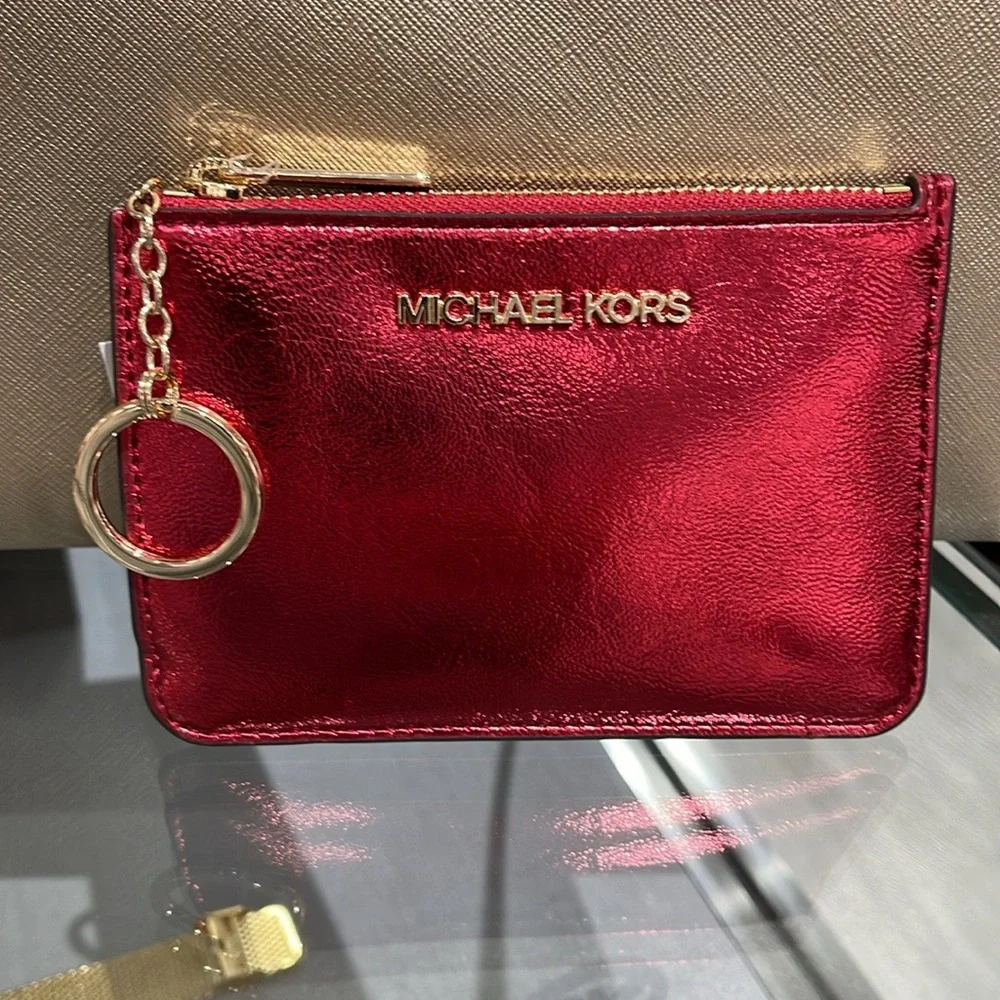 MICHAEL KORS Jet Set Travel Small Top Zip Coin Pouch With ID Keychain Crimso NWT