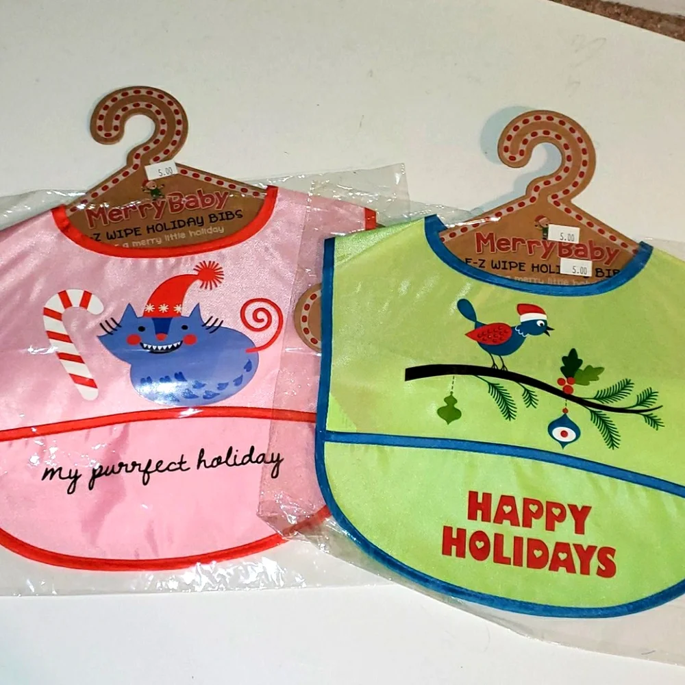New Christmas Bib set, green bird & pink cat
