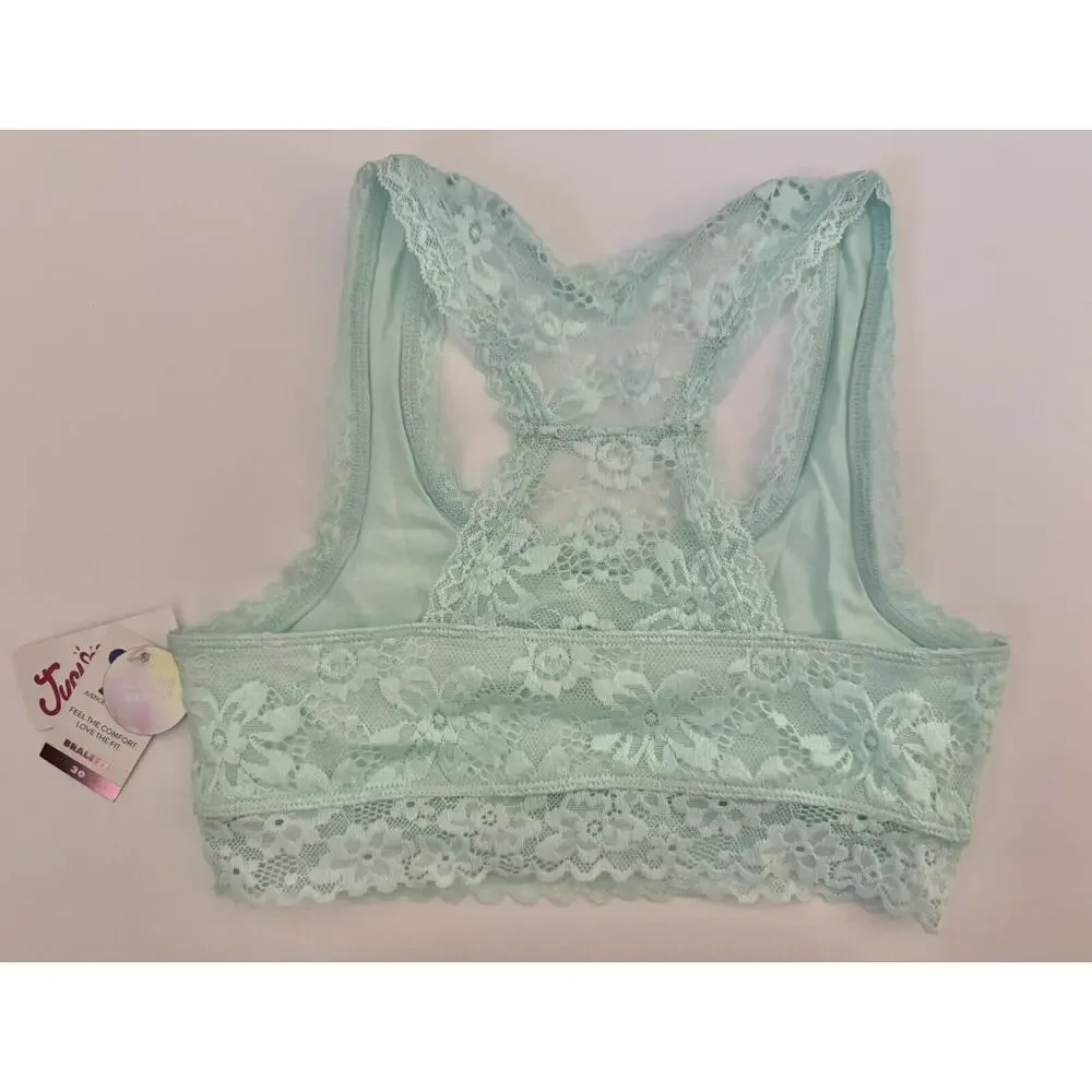 Justice Mint Green Aqua Full Coverage Racerback Floral Lace Bralette Size 30