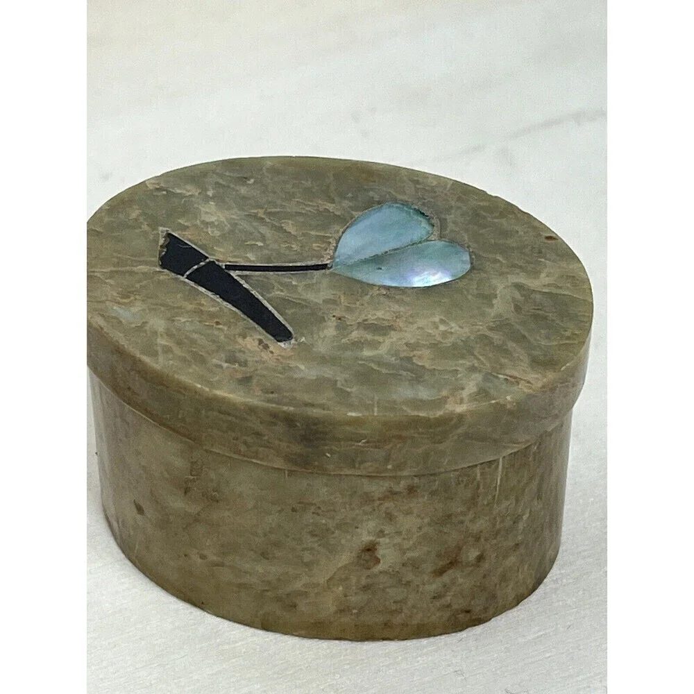 Vintage Soapstone Oval Blue Abalone & Onyx Tulip Inlay Keepsake Box Blue