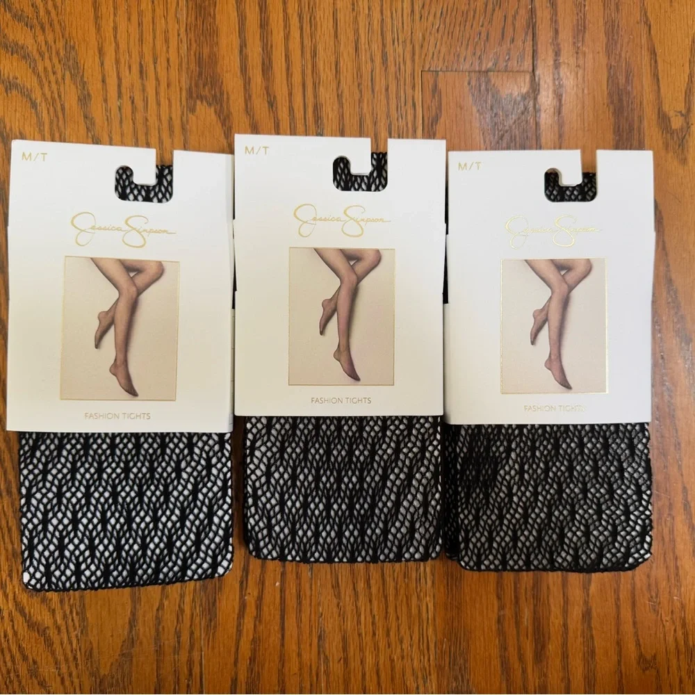 NWT 3 Pairs JESSICA SIMPSON Black Fish Net Style Fashion Tights M/T