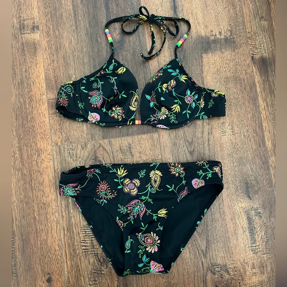 Vintage Victoria's Secret Black Paisley Colorful Bikini Size Medium
