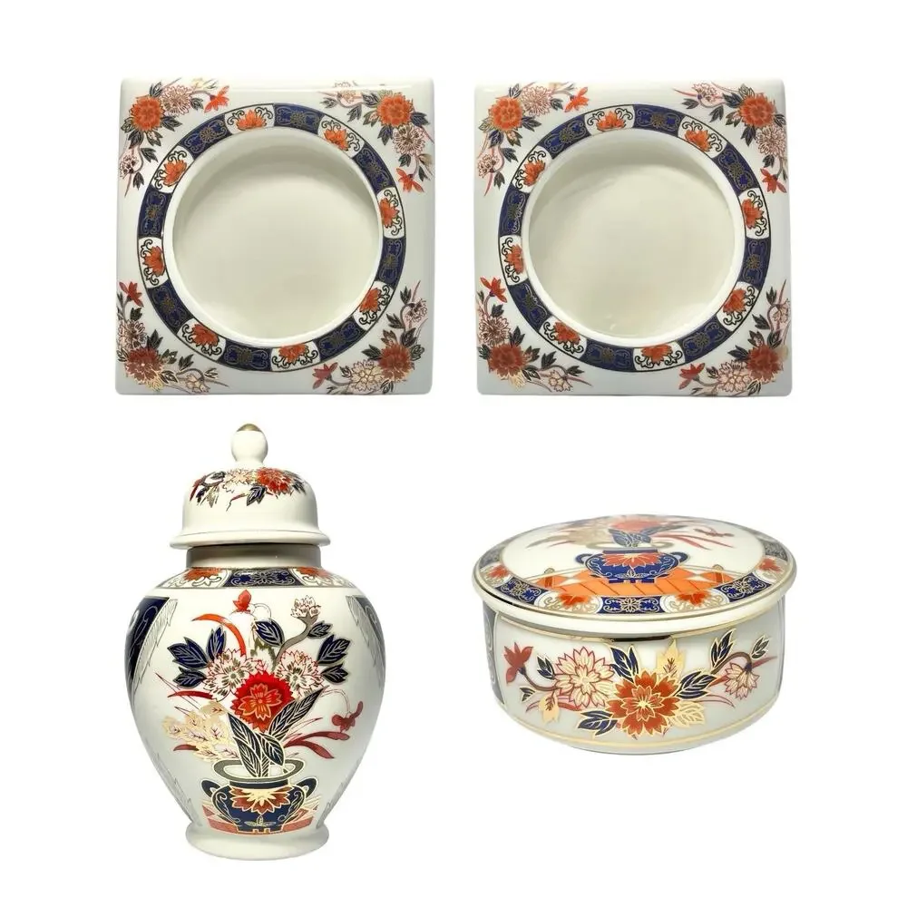 1980s Vintage Japanese Imari 4-Piece Home Decor Set Ginger Jar Picture Frame Box