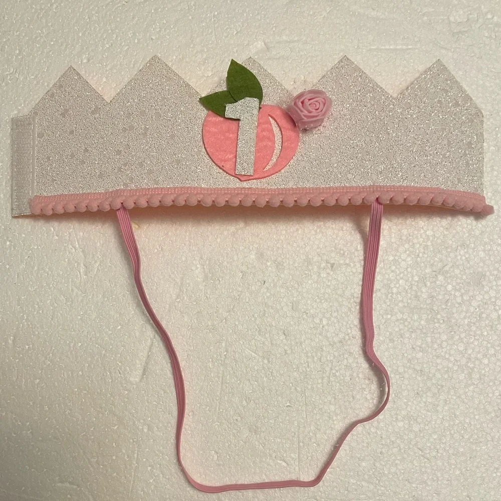 EUC, Party Hat for Baby Girls 1st Birthday Party Pink & White Adjustable Crown