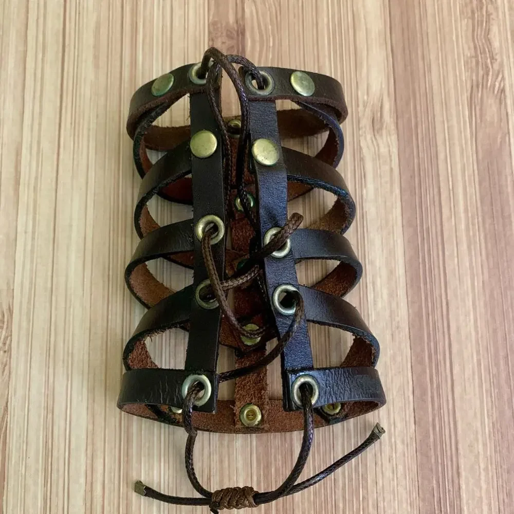 2/$30 Brown Leather Wrap Bracelet Arm Cuff Adjustable Boho Festival Gold Studs