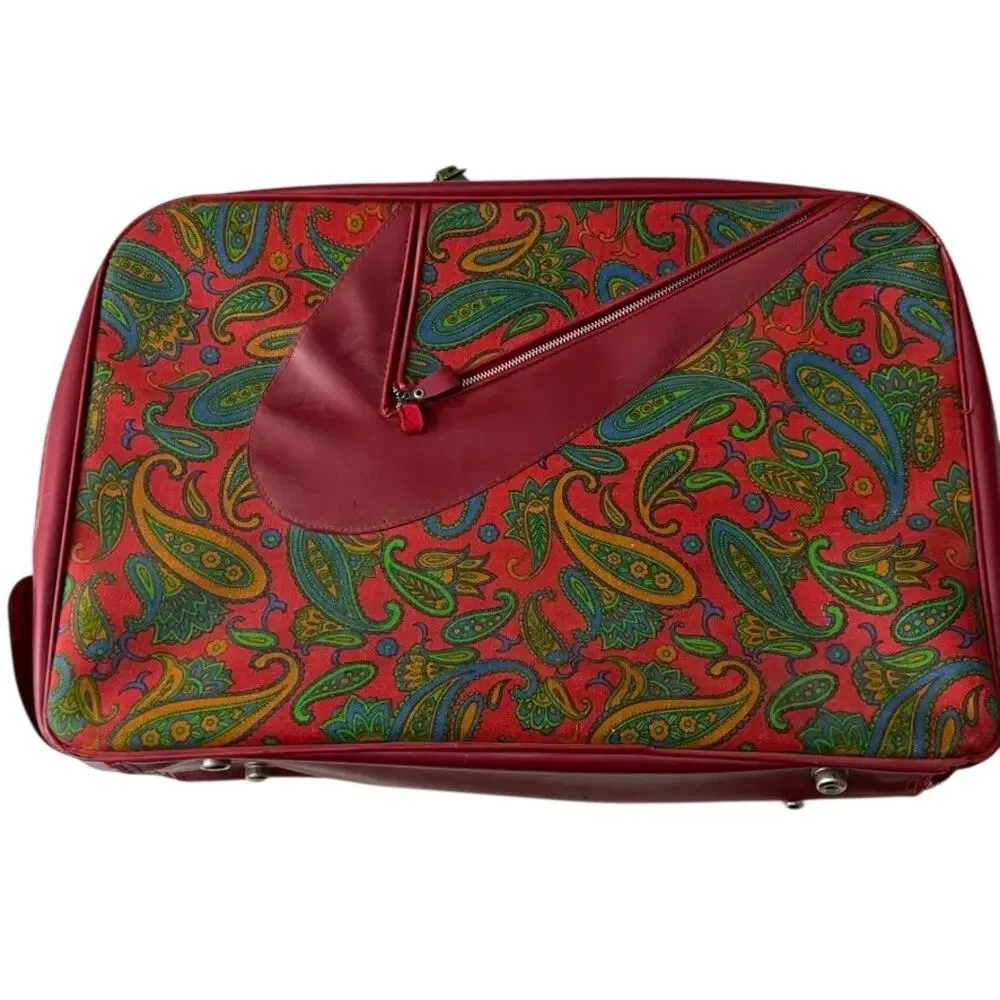 Vintage 60's 70's Paisley Red Travel Luggage Overnight