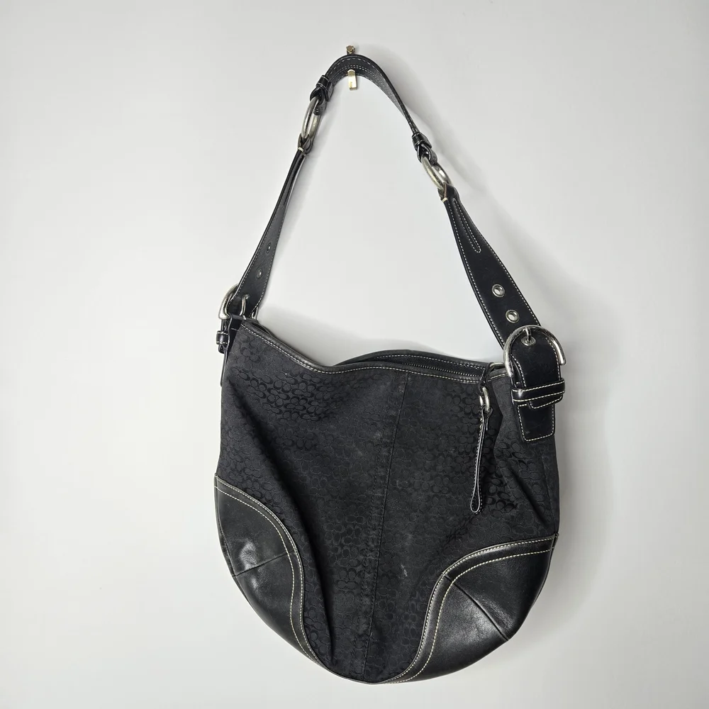 Coach Black Signature Jacquard Leather Trim Hobo Shoulder Bag A05N-1461
