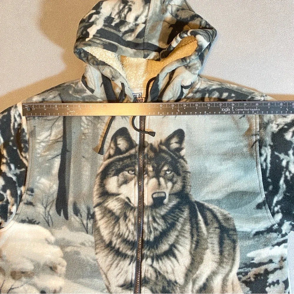 WILDKIND Wolf Graphic Print Gray Hoodie Fleece Sherpa Lined Full Zip Men’s Sz M