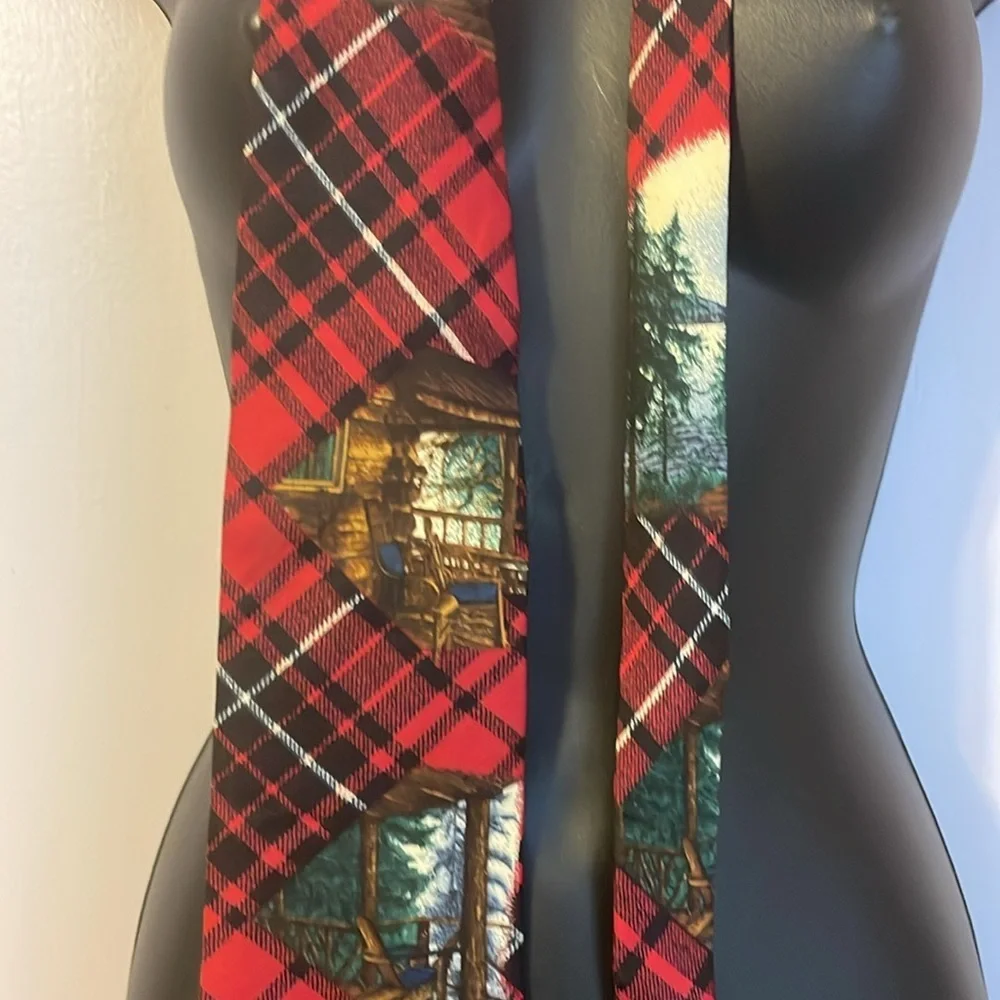 Structure Silk Italian Fabric Vintage Red Plaid Cabin in Woods Necktie Tie