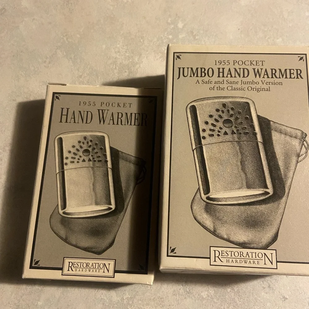 Restoration Hardware Silver and Cream 1955 Pocket Jumbo Hand Warmer Box