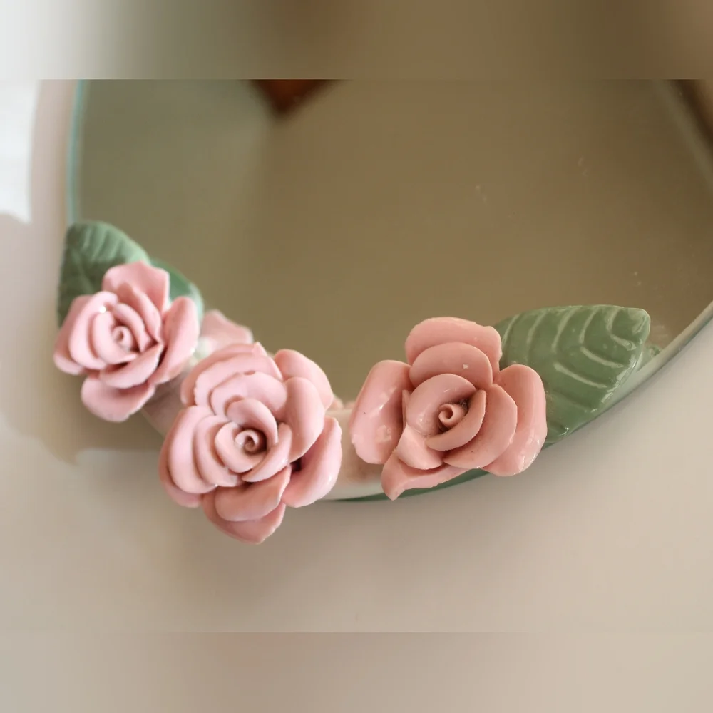Vintage Pink Rose Decorative Tray with Green Leaves