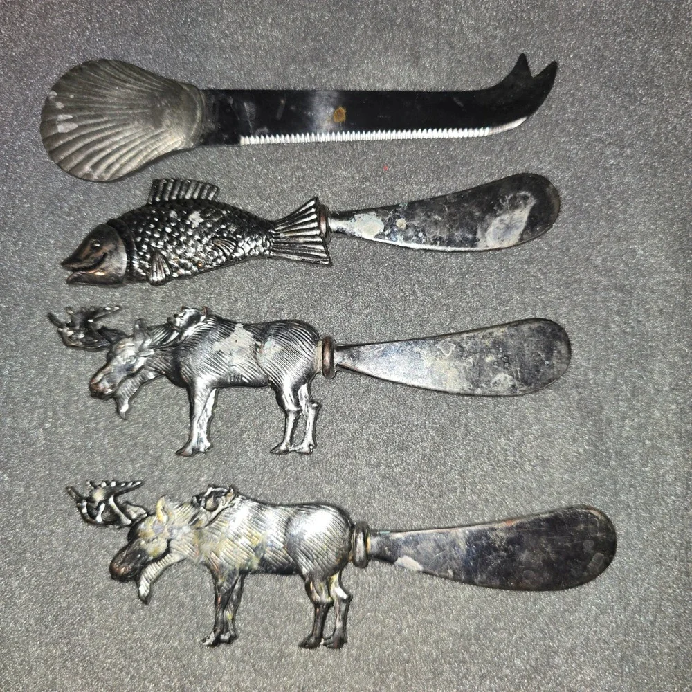 Vintage Style Animal Cheese Knife Spreader Set 4pc Moose Fish Shell Silver Tone