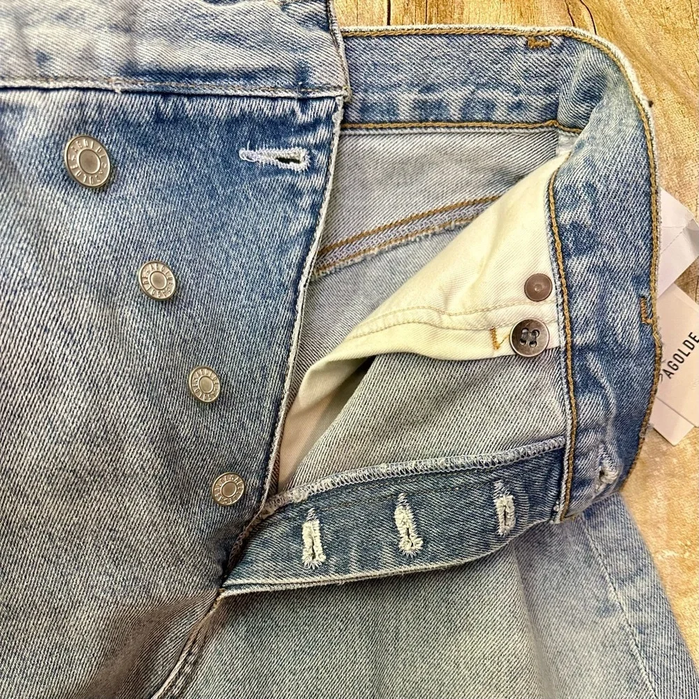 NWT Agolde Criss Cross Jean Mini Skirt Distressed Light Blue Frayed Hem Denim