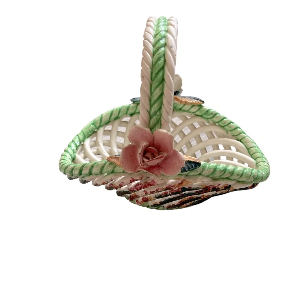 Porcelain Woven Basket Accent Decor Rose and Flowers Cottagecore Vintage Dainty