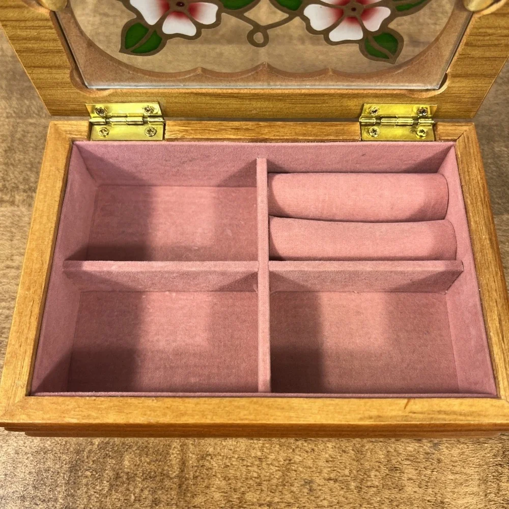 Vintage Wood Wooden Trinket Jewelry Box W/ Flower Blossom Design