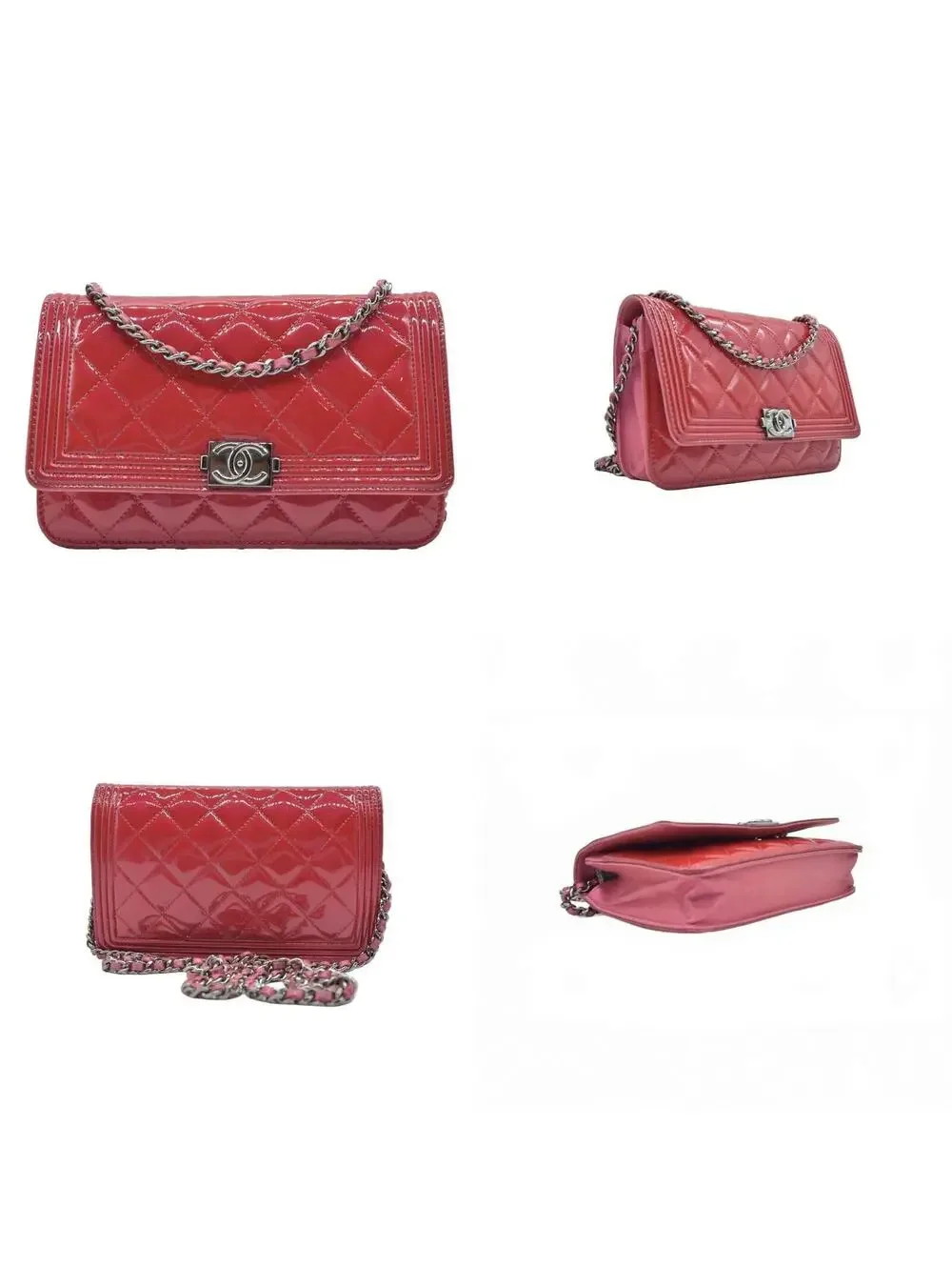 $3350 Chanel Patent Calfskin Quilted Boy Wallet On Chain WOC