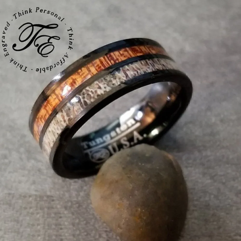 Men's Real Tungsten Wedding Ring With Deer Bone and Whiskey Barrel Wood Inlays