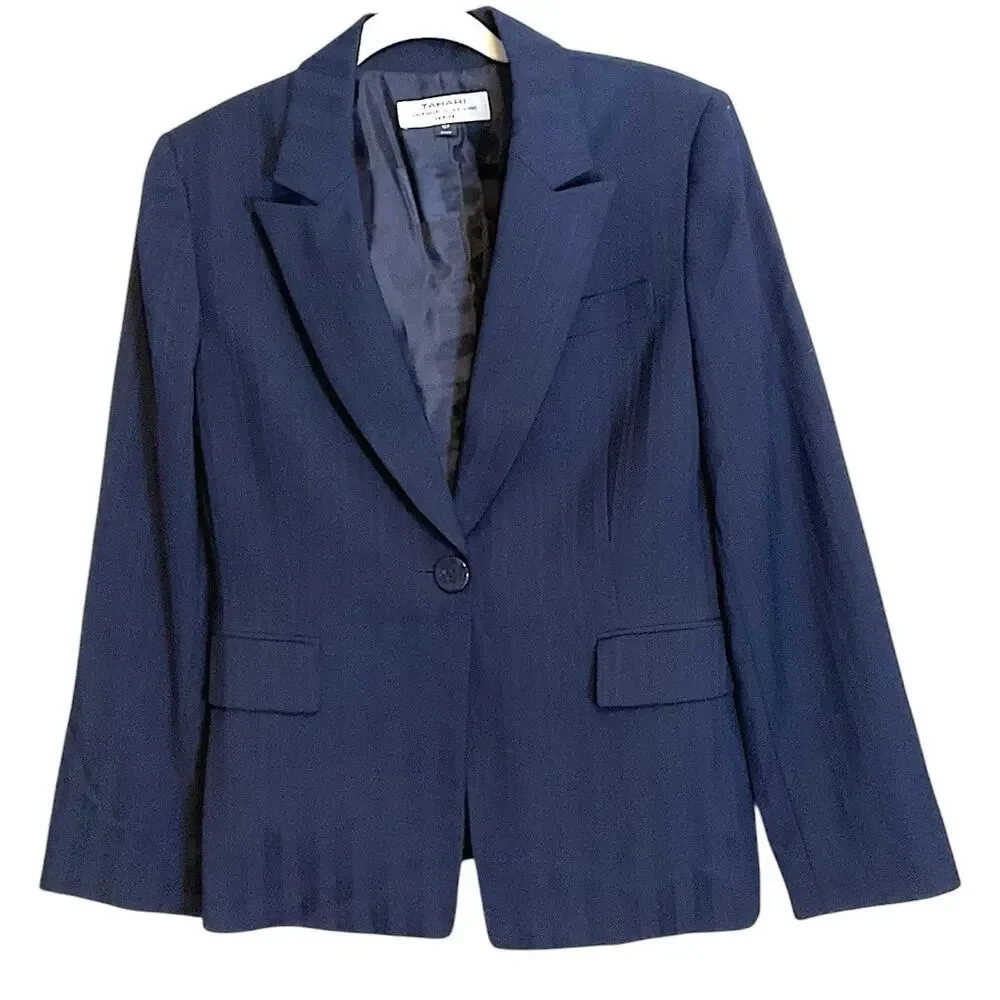 Tahari‎ Navy Blue Subtle Stripe Blazer Jacket Women's Sz 10P Pockets Career