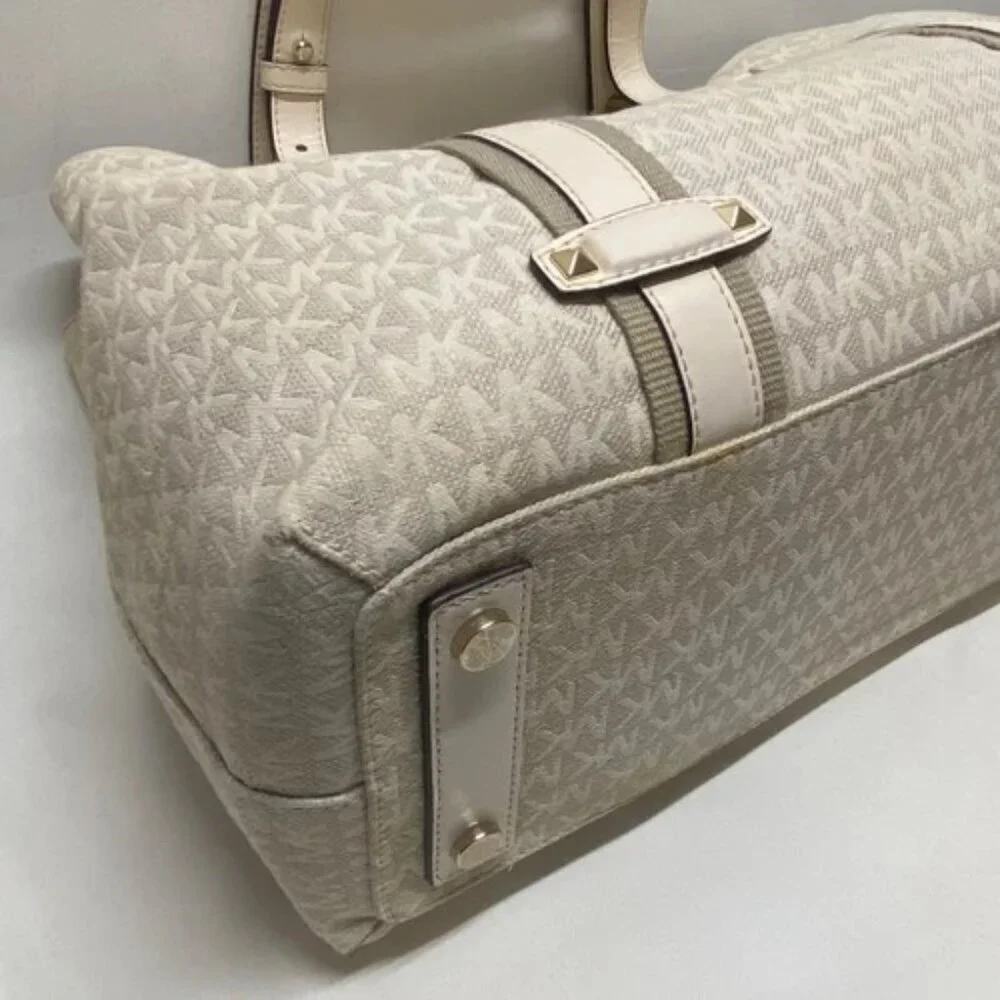 Michael Kors Griffin Large Logo Tote Natural Jacqard Canvas Leather Trim GUC‎