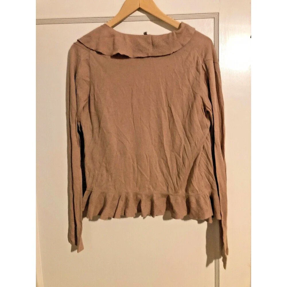 Nordstrom Caslon Ruffle Long Sleeve Tan Brown Cardigan Sweater Sz M