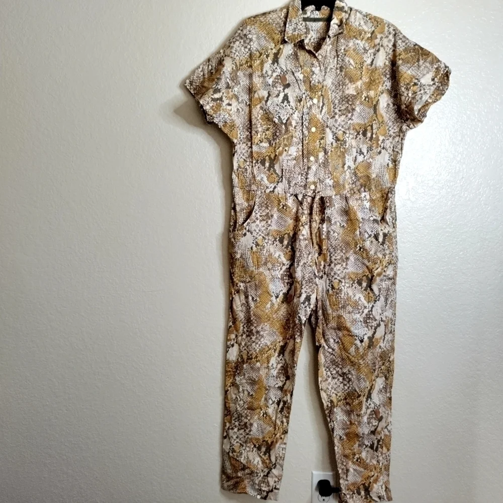 enza costa Cropped Snake-Print Cotton Jumpsuit Animal Print sz 3/ L