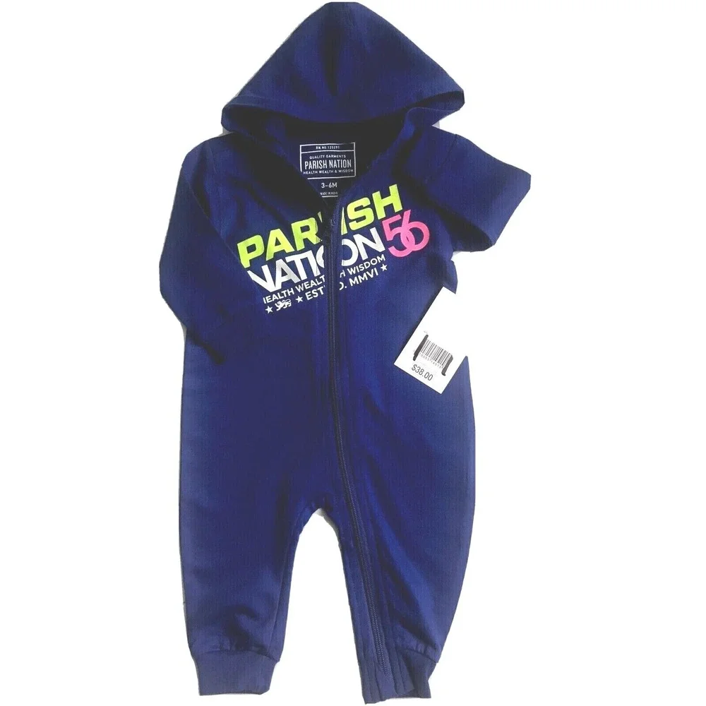 Parish Nation Baby Boy One‑Piece Royal Blue Hoodie 3‑6M