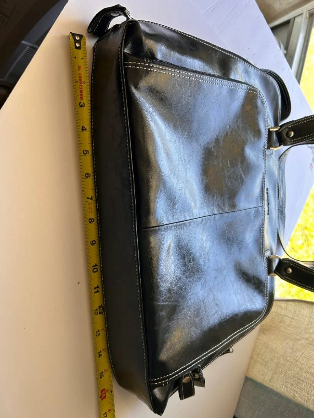 Samsonite Black Faux Leather Laptop Tote Work Bag Contrast Stitch Zip