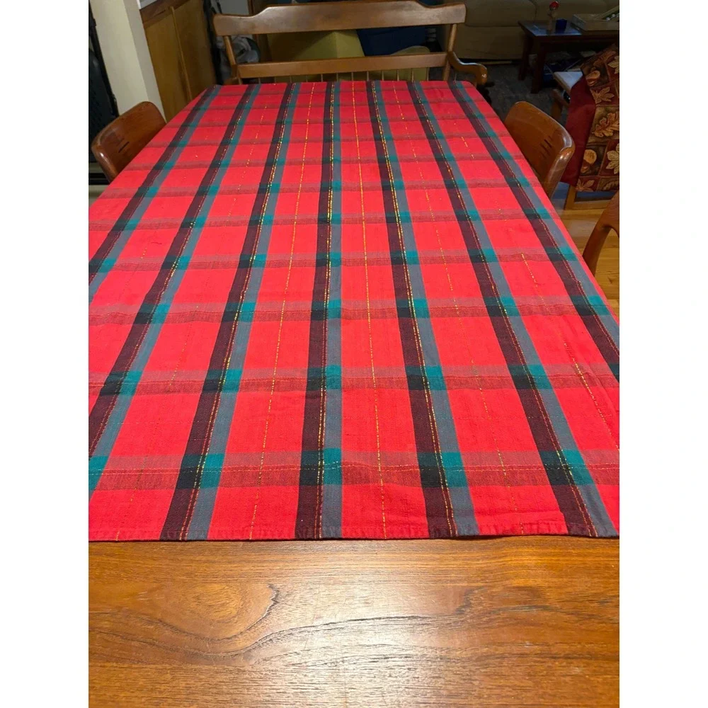 Hand Woven Plaid Tablecloth Red Teal Gold Sparkle‎ Festive Cotton  55 x 72