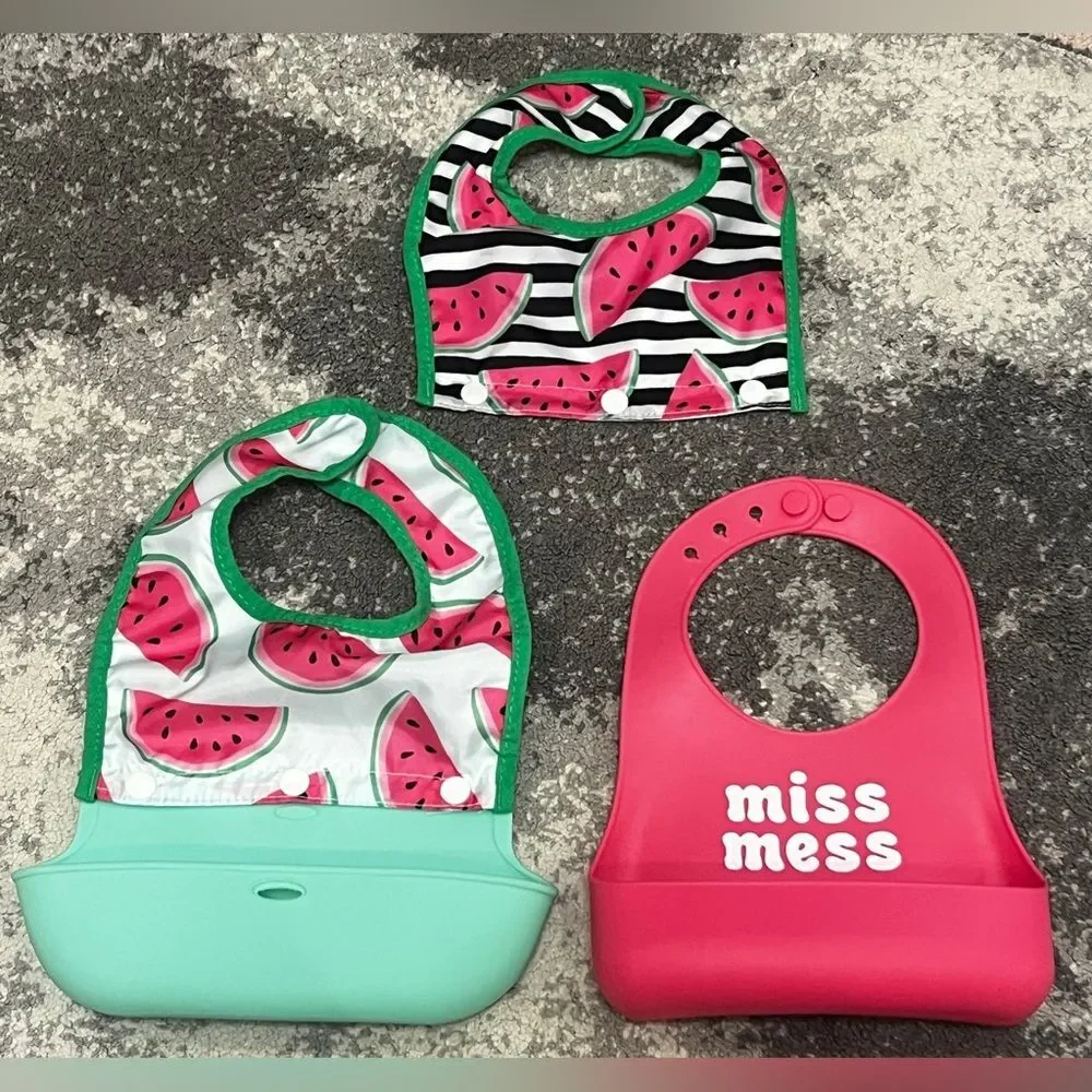 Bundle of Silicone Feeding Bibs Miss Mess Watermelon print Food Catcher Pocket