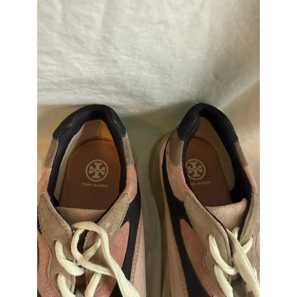 Tory Burch Good Luck Trainer Sneakers Pink Brown Suede Colorblock Logo Shoes