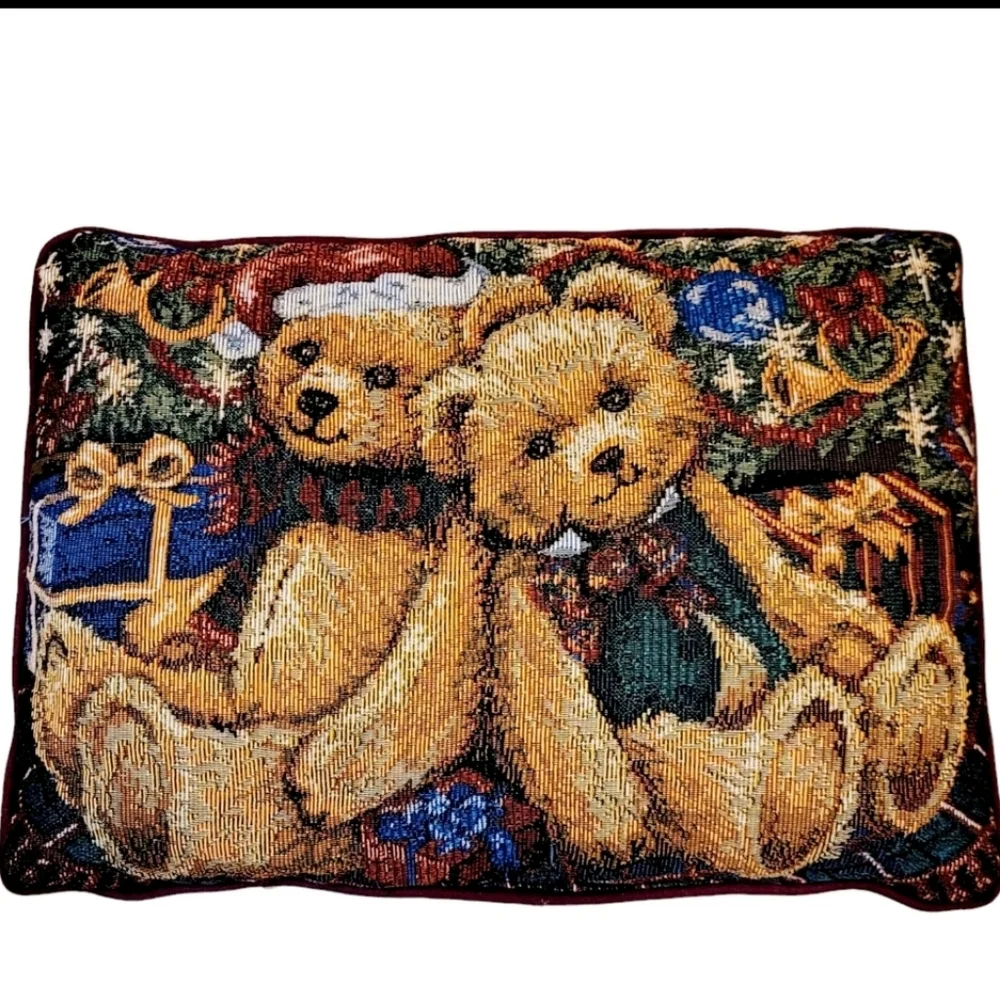 Christmas Bears Pillow Tapestry Burgundy Needlework Design Holiday Decor 16 X 12