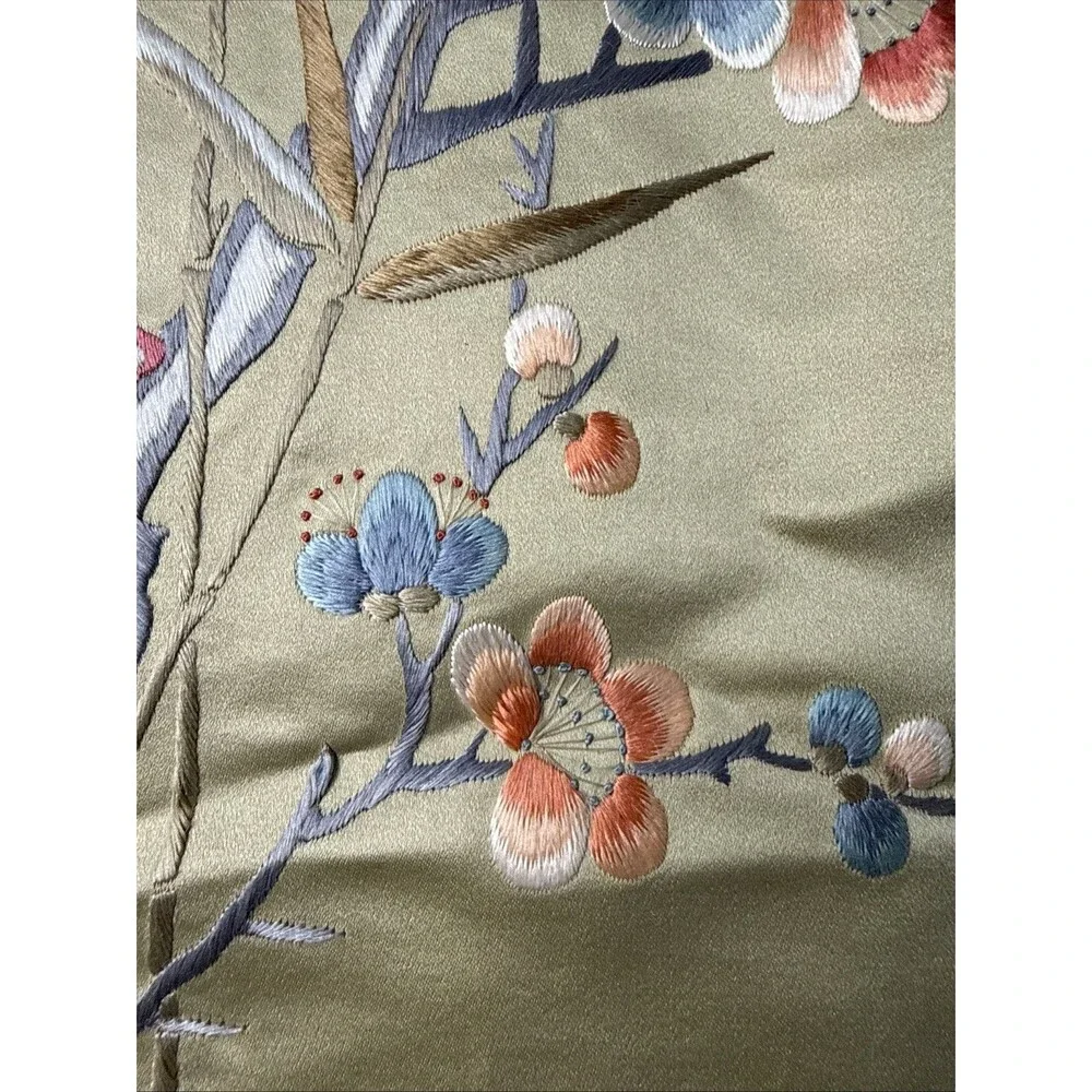 Vintage Asian Silk Hand Embroidered Tapestry Floral Bird Design 13”x26”