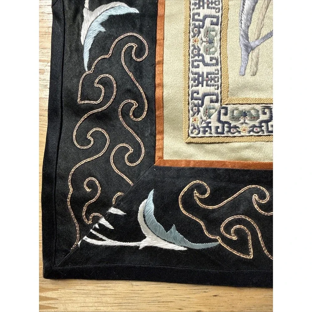 Vintage Asian Silk Hand Embroidered Tapestry Floral Bird Design 13”x26”
