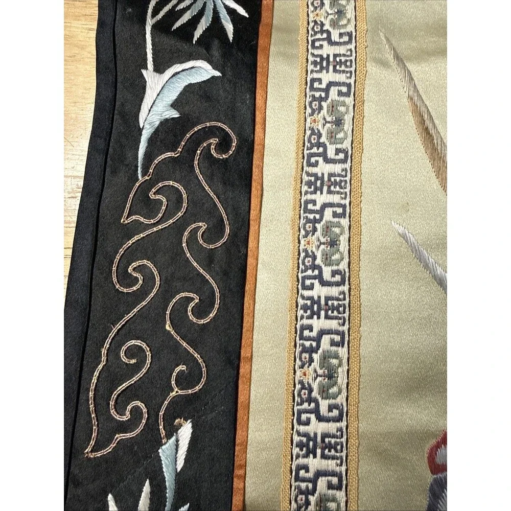 Vintage Asian Silk Hand Embroidered Tapestry Floral Bird Design 13”x26”