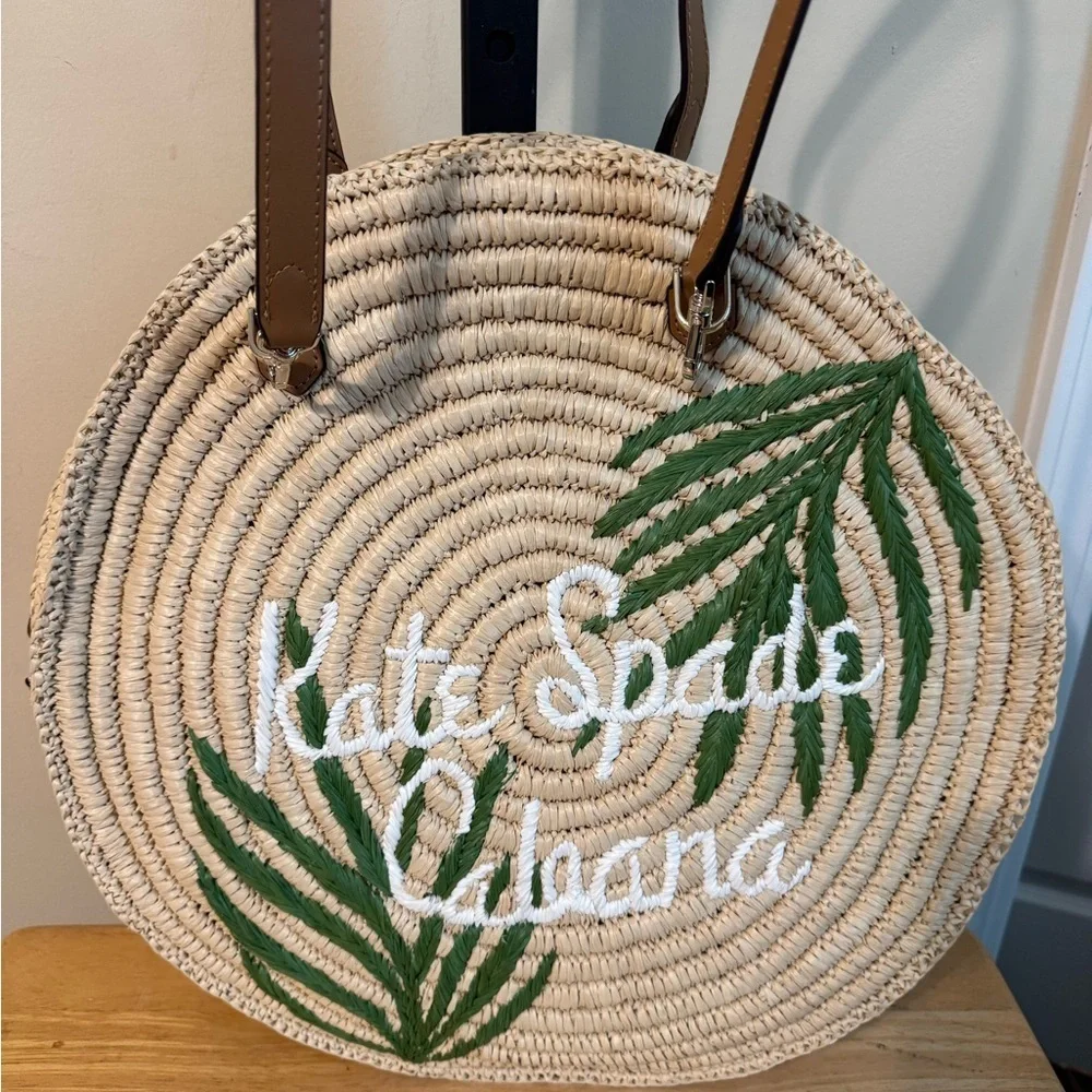 Kate Spade Straw Tote with Green Leaf Design