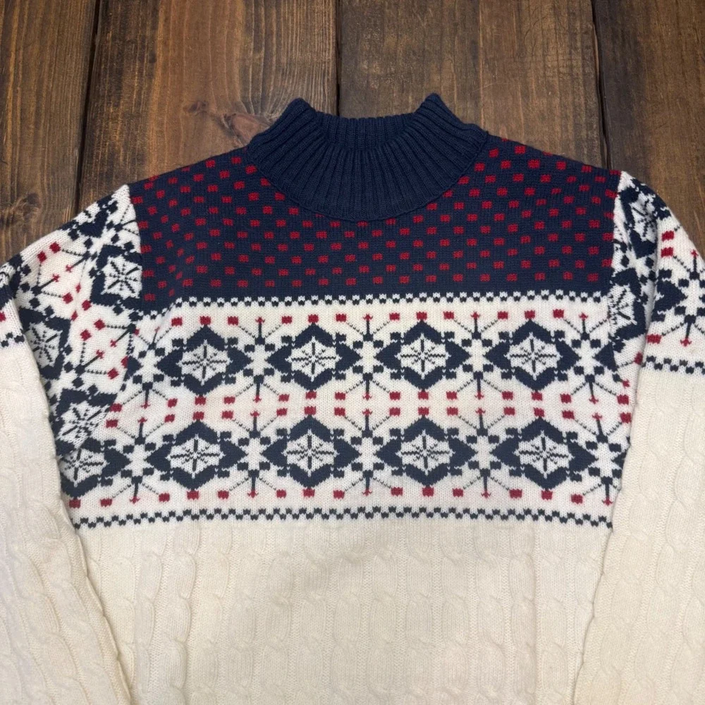 Lord Jeff Vintage Mens Fair Isle Snowflake Cable Knit Sweater Navy Cream Red VTG