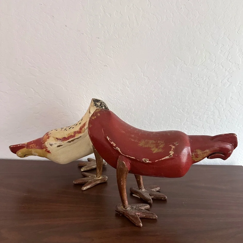 Vintage Wooden Pecking Hens Pair (2)‎ Red Farmhouse Folk Art Large