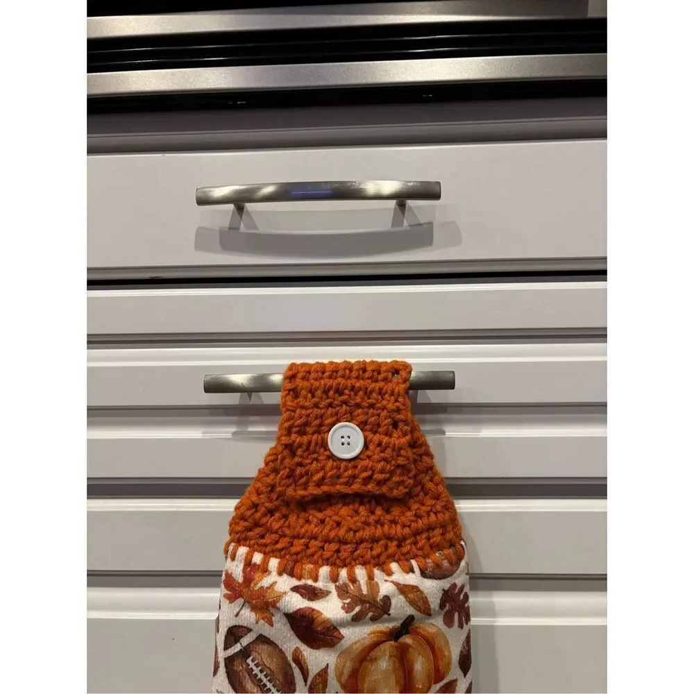 Crochet Top Kitchen Towel-Footballs and pumpkins
