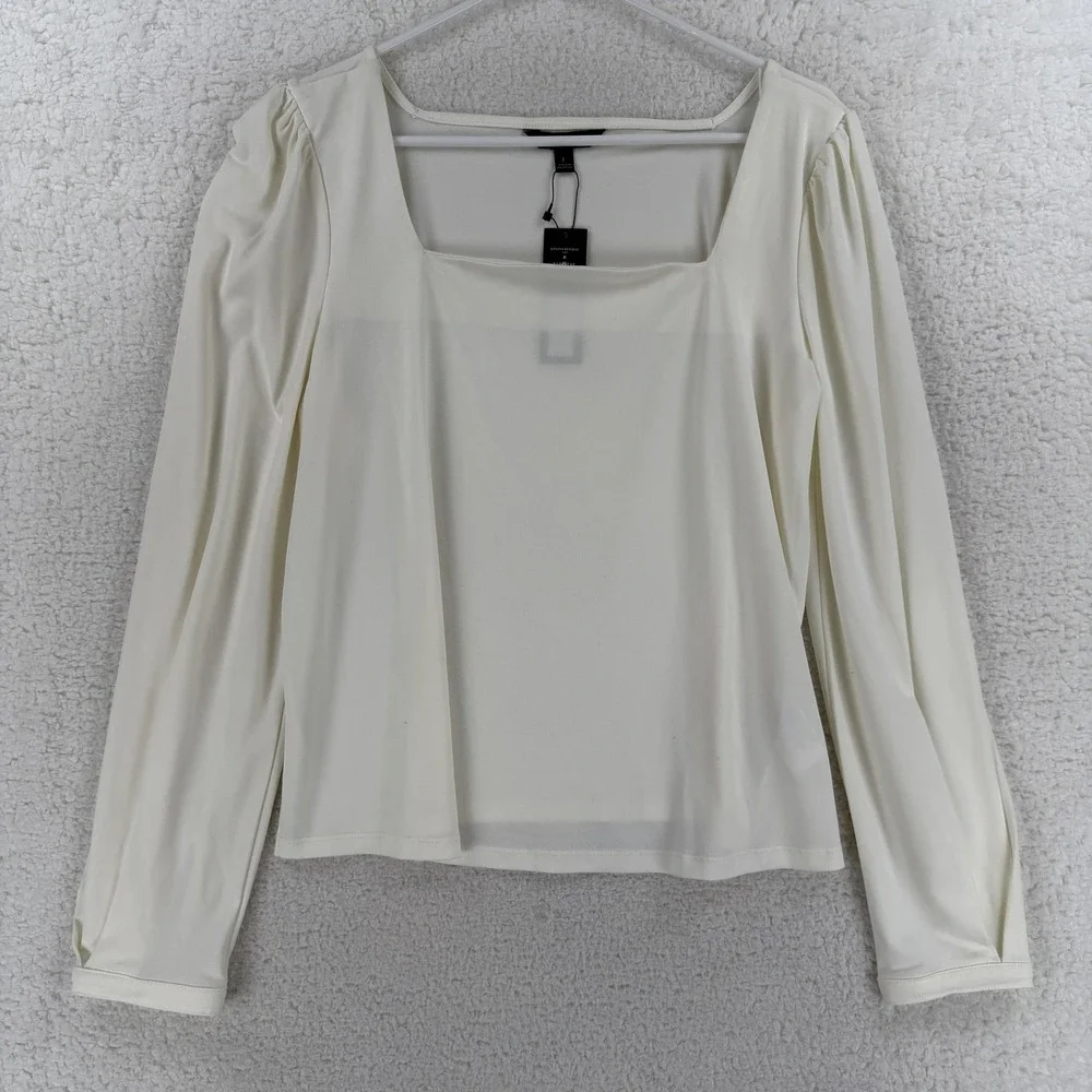 Banana‎ Republic Blouse Womens Large White Square Neck Puff Sleeve Stretch Top