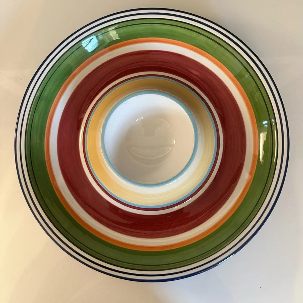 Pottery Barn Chip Dip Espadrille Stripe Bowl Platter Red Blue Green Yellow Round