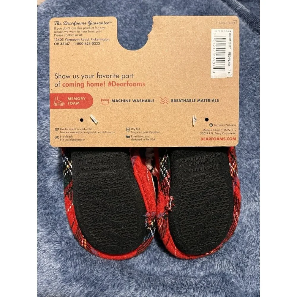 NWT DEARFOAMS Toddler Tartan Red Plaid Lil Bear Slip On Slippers Sz 7/8