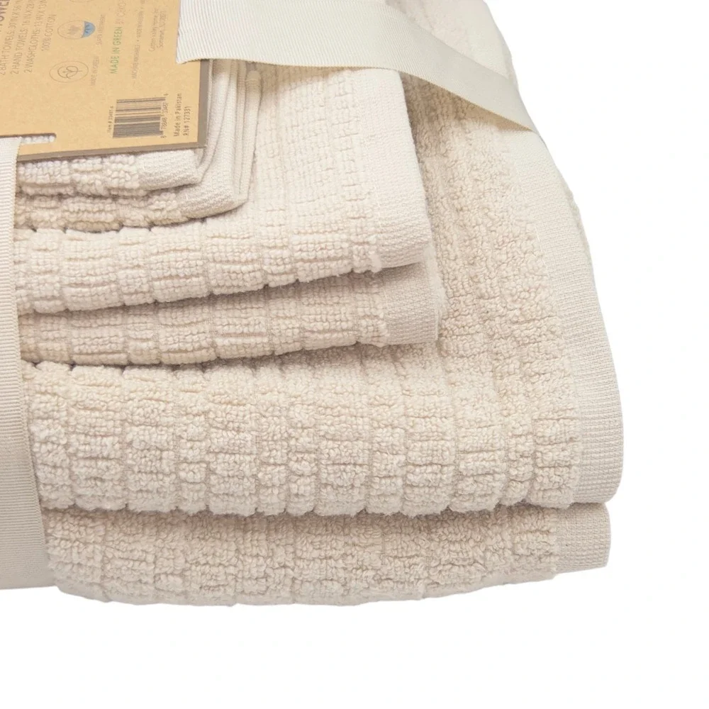 Pure Living 6pc Ecru Raised Cotton Bath Towel Set 2 Bath 2 Hand 2 Washcloths