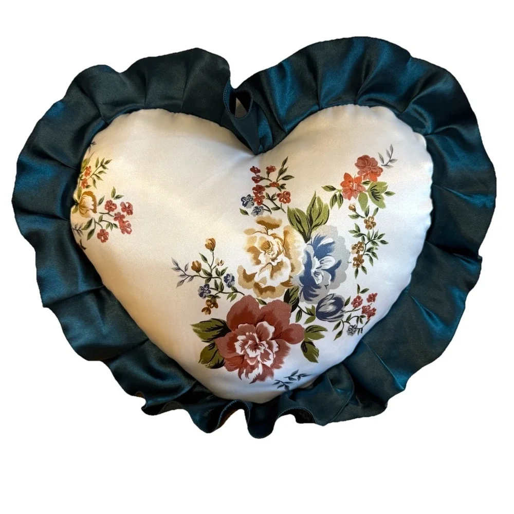 Heart Shape Throw‎ Pillow Victorian Floral Romantic Satin Ruffle Trim 17