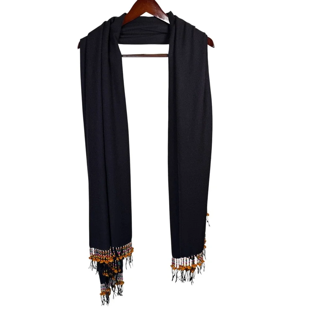 Black Scarf with Colorful Beaded Fringe Boho Bohemian Women's Shawl Wrap 78 x 36