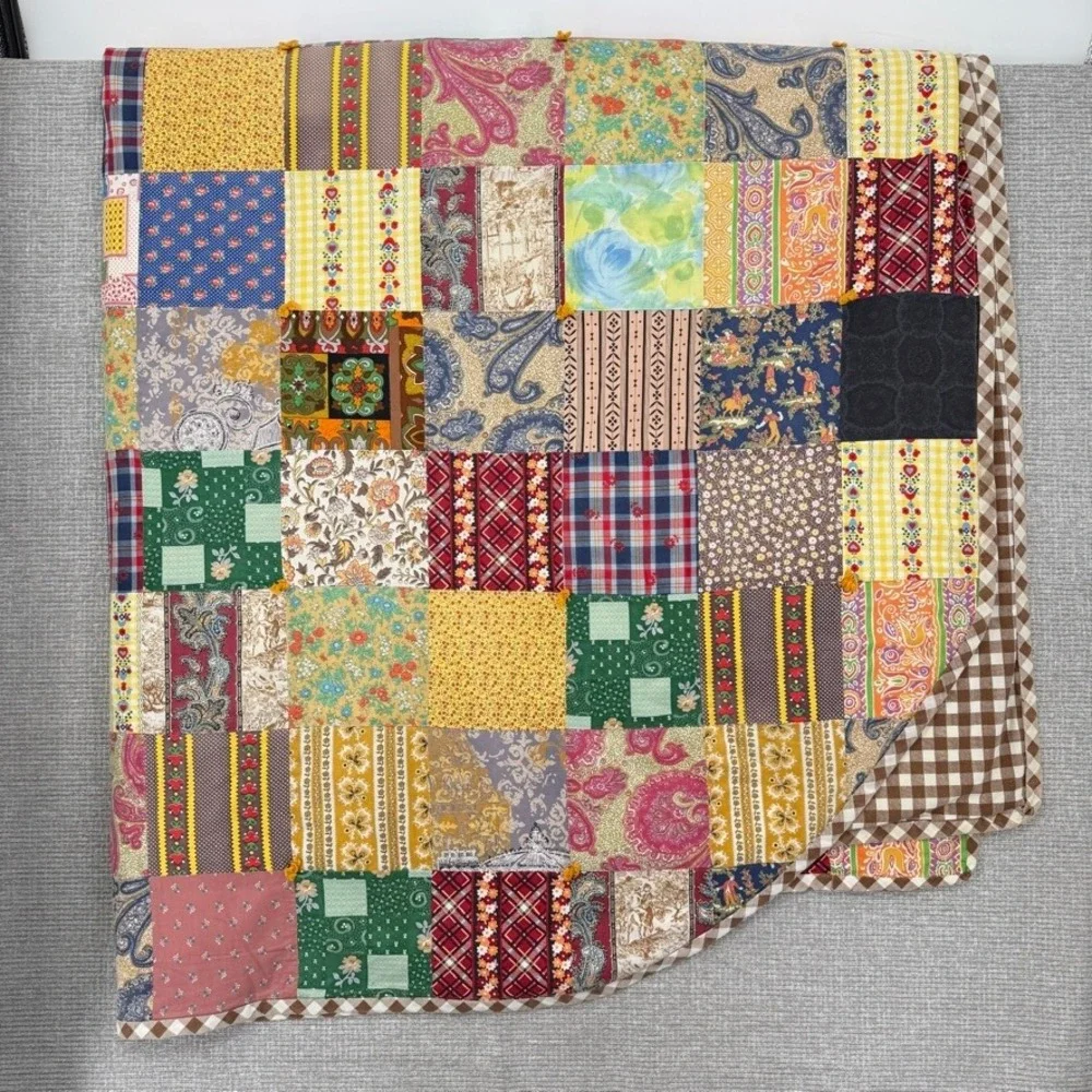 Vintage Patchwork Quilt Blanket Twin Size Multicolor Floral Plaid Gingham Boho