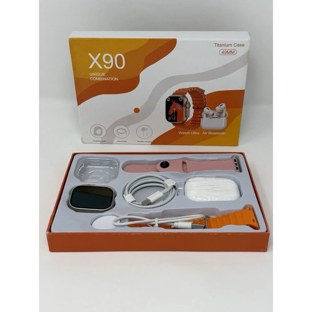 X90 Smart Watch Titanium 49mm w/Orange Band & BT Earbuds- Wireless Charging